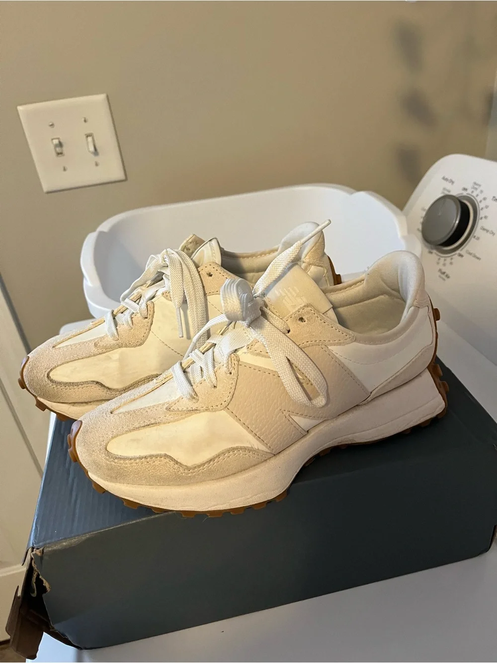New Balance 327 Cream White Tan Athletic Sneakers